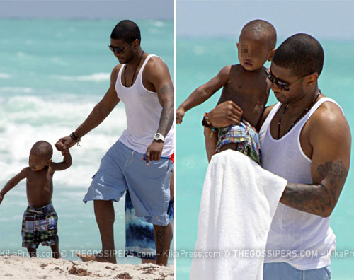 usherbimbo Usher in spiaggia con il figlio