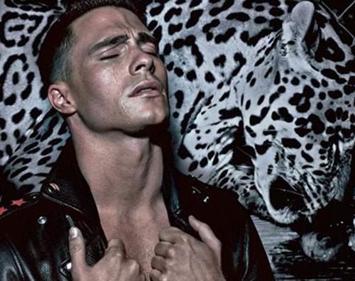 redarrow Colton Haynes sexy in pelle per V Man