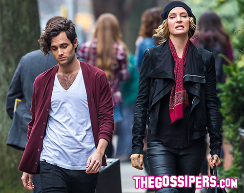 Uma Thurman e Penn Badgley sul set di “The Slap”