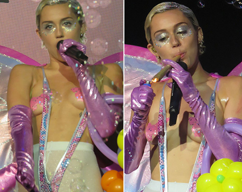 Miley Cyrus Miley Cyrus fuma erba sul palco di New York
