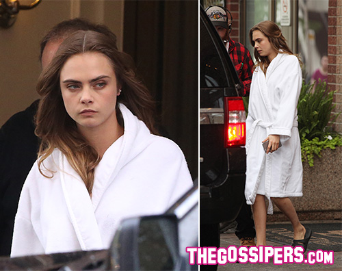 Cara Delevingne Cara Delevingne in vestaglia sul set di Suicide Squad