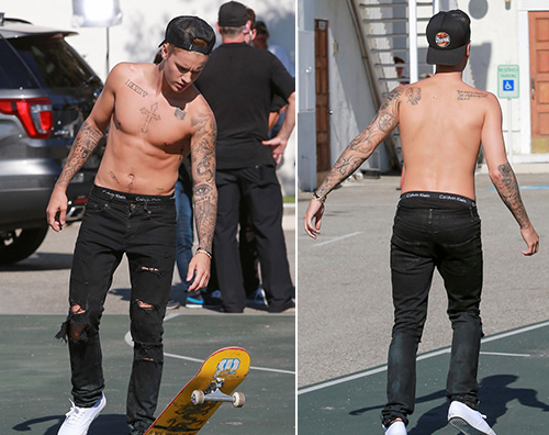 Justin Bieber3 Justin Bieber, skateboard senza t shirt