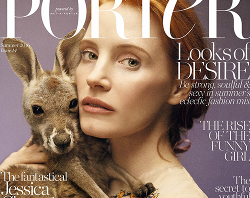 Jessica Chastain Jessica Chastain con un canguro sulla cover di Porter Magazine
