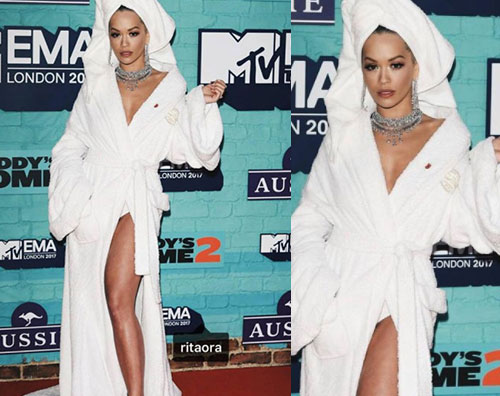 Rita Ora accappatoio MTV EMA 2017 Rita Ora in accappatoio sul red carpet degli MTV EMA 2017