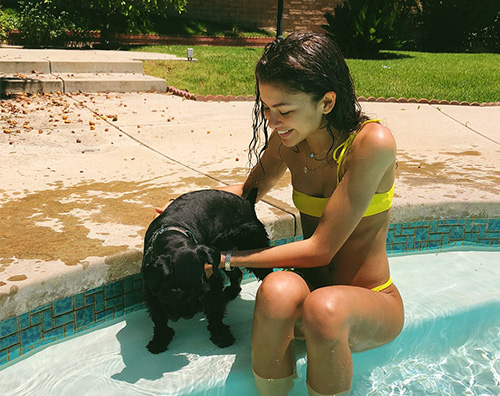 Zendaya Zendaya coccola il suo cane in piscina